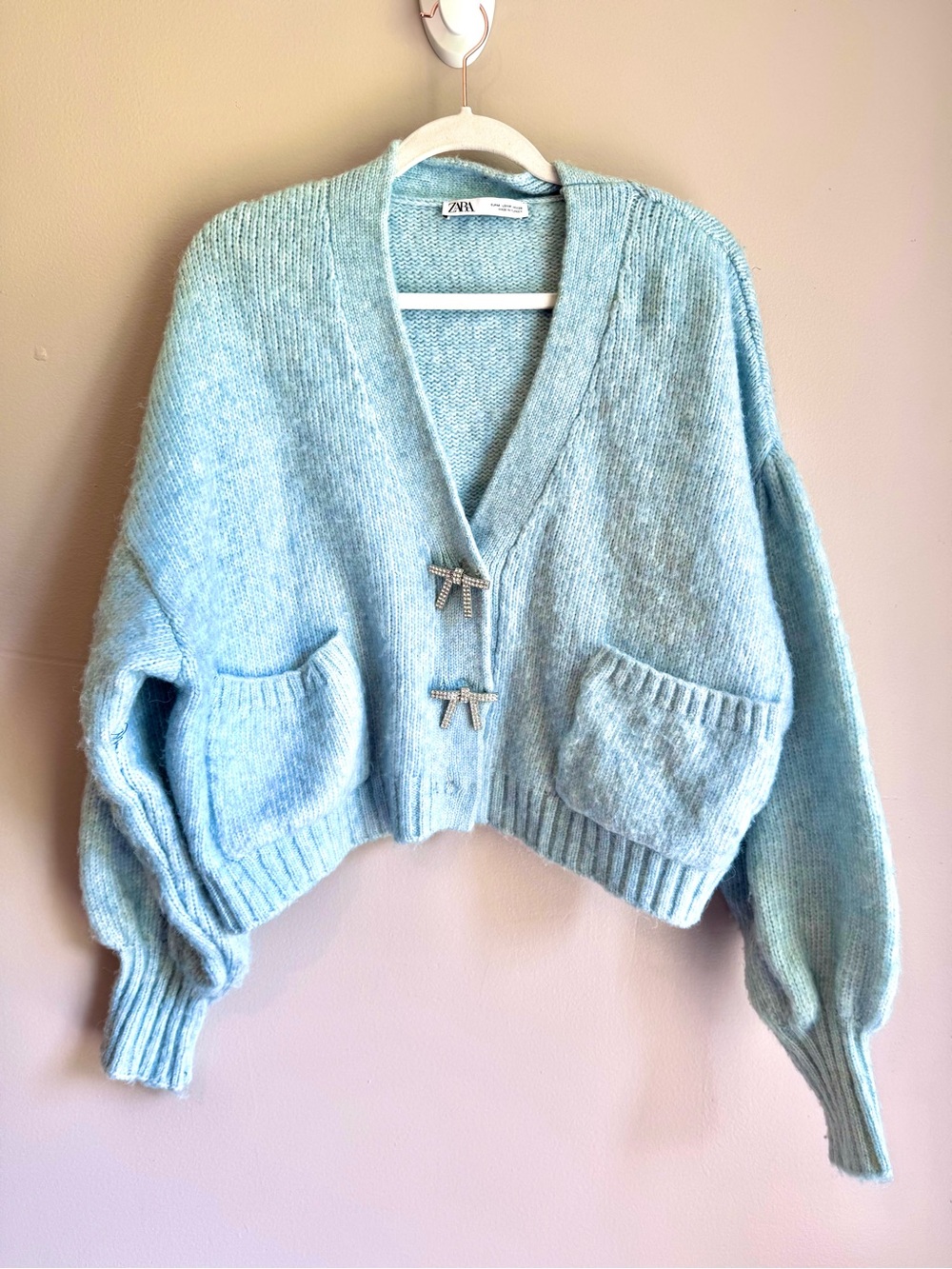 ZARA Jewel Bow Cardigan Sweater Baby Blue Coquette Blogger Favorite Preppy M - Picture 3 of 9